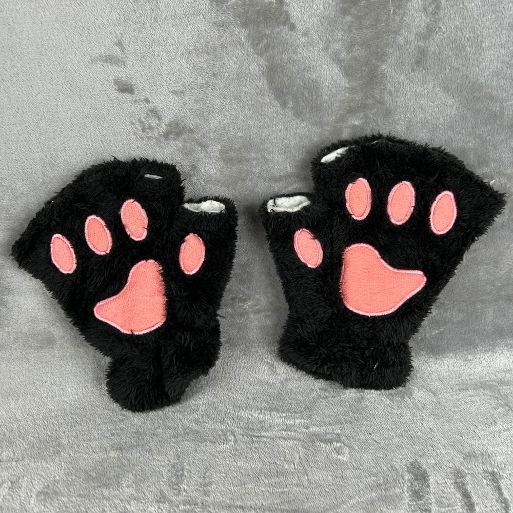 Fuzzy Black Cat Paw Fingerless Gloves Pink Toe Pads Cosplay Costume Plush Mitten
